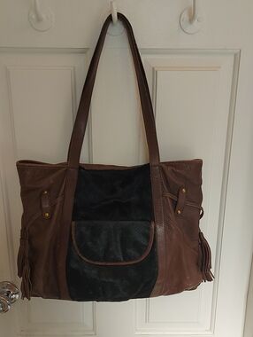 HOBO Brown Leather Tote with Black Ponyhair Front Panel